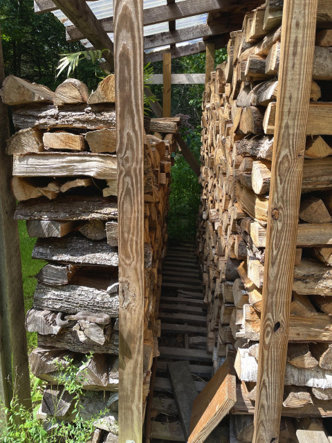 Looking straight at the side edge of two stacks of firewood. Each is under a shed awning and sitting on wood pallets. They are only separated by about 18 inches, enough for me to squeeze in if I need to. At the lower side of the left stack is a Northern Watersnake, about 2 feet long, sunning itself near the opening.