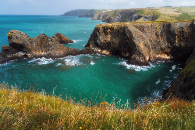 This breathtaking image captures the rugged beauty of the Pembrokeshire coastline. The foreground is filled with wispy coastal grasses, dotted with small wildflowers. Beyond lies a stunning vista of turquoise waters embracing dramatic rocky outcrops and cliffs. The sea, a mesmerising blend of blue and green hues, crashes against the base of imposing rock formations, creating white foam. In the distance, the coastline stretches away, revealing a series of headlands and bays. The interplay of golden sunlight on the cliff faces and the deep shadows in the crevices accentuates the raw, sculptural quality of the landscape, showcasing nature's artistry along this wild Welsh shore.
