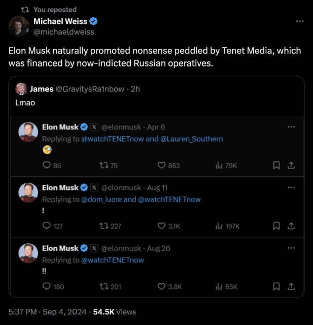 screenshot of Elon Musk reacting to Tenet Media posts.