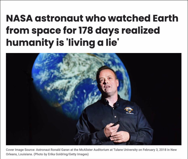 Screenshot from top of linked article. Headline says "NASA astronaut who watched Earth from space for 178 days realized humanity is living a lie." Below this is a photo of Garin giving a speech at Tulane University in New Orleans.