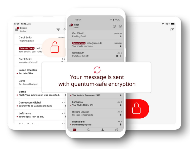 Image of a tablet, and a smartphone displaying Tuta Mail with a large notification saying, "Your message is being sent with quantum-safe encryption"