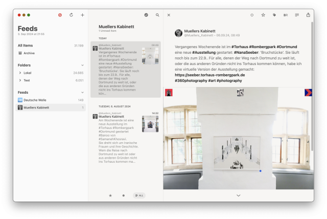 Screenshot of @reederapp. Classical 3-columns view. 
On the right are two rss-feeds (Deutsche Welle, Müllers Kabinett)
In the center column are two postings by Müllers Kabinett, each with a picture from the posting and part of the text. The most recent and top posting is selected.
The right column shows the full content of the post, including the image.