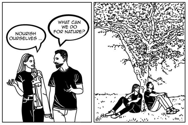 Short comic about a man and a woman talking about nourishing themselves to support nature.