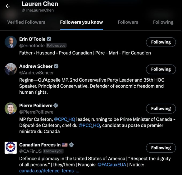 Screen shot of Lauren Chen sm page showing followers Erin Otoole, Andrew Scheer, and Pierre Poilievre