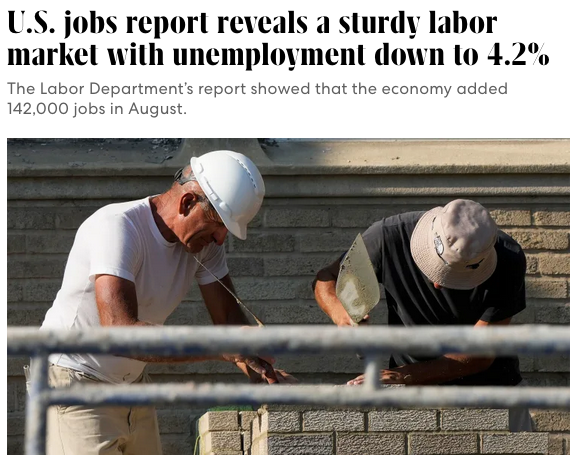 Headline: 

U.S. jobs report reveals a sturdy labor market with unemployment down to 4.2%

The Labor Department's report showed that the economy added 142,000 jobs in August