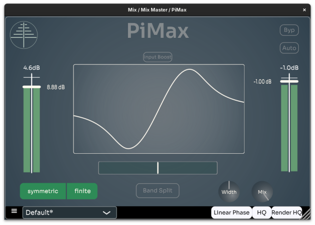 PiMax plugin window with input, clipping mode, output, band split, width, mix and linear phase controls.