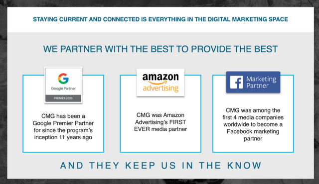 STAYING CURRENT AND CONNECTED IS EVERYTHING IN THE DIGITAL MARKETING SPACE WE PARTNER WITH THE BEST TO PROVIDE THE BEST G amazon n Marketing Google Partner advertising Partner CMG was among the CMG has been a CMG was Amazon first 4 media companies Google Premier Partner Advertising's FIRST worldwide to become a for since the program’s EVER media partner Facebook marketing inception 11 years ago partner AND THEY KEEP US IN THE KNOW 