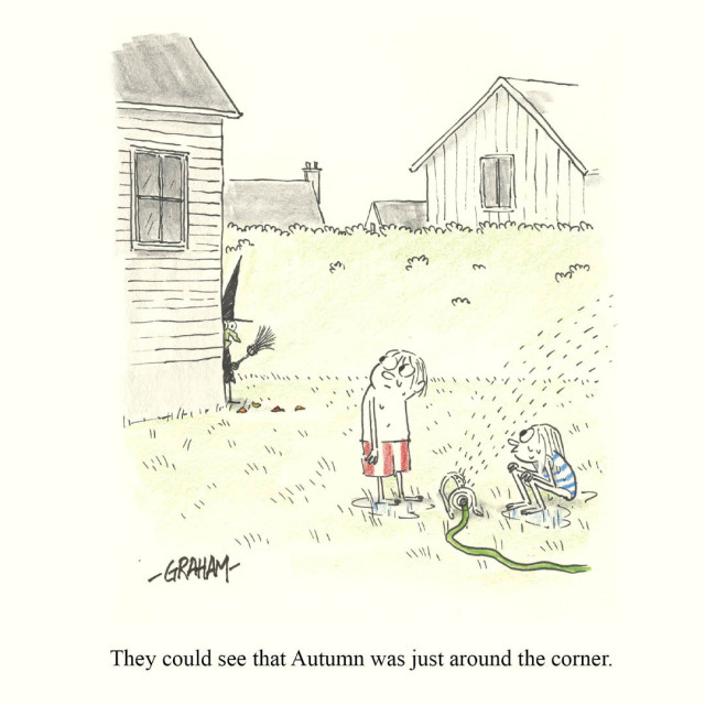 A cartoon illustration of two children in swimsuits playing with the lawn sprinkler as they notice a green witch peeking at them from around the corner of their house. The caption underneath reads "They could see that Autumn was just around the corner."