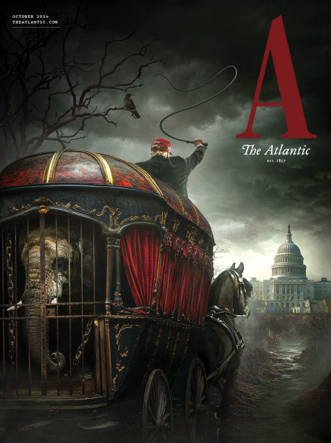 Depiction of Trump wielding a whip while driving an ornate, red and black horse-drawn wagon with red velvet curtains on the sides,  with a captive chained elephant inside peering through metal bars, sky blackened with threatening clouds, toward the US Capitol. 