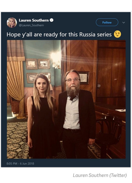 A photo posted by Lauren Southern on Twitter in June 2018, of Southern, a far right extremist allegedly paid by Russia to spread Russian lies intended to create unrest and distrust in election and democracy, who herself pushed the great lie of  “Great Replacement Theory”, standing with Alexander Dugin, a Russian neo-fascist philosopher who is considered an influential ally of Russian President Vladimir Putin. Willing useful idiot.