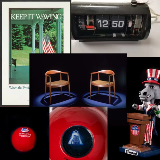 A collage of photos of objects from the Smithsonian's collection: an analog clock, a poster, two chairs, two magic 8 balls, and a bobblehead with a red, white and blue top hat