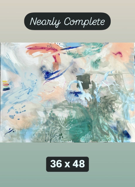 Nearly Complete 36 × 48 abstract expressionist work in progress. Predominant colors are greens, blues, white, peach, pink. 
I paint non-representationally to free my mind from processing things. Relatedly, I prefer to describe the feelings of my images and not the physical appearance. The feeling I seek when creating and looking at abstract painting is a free flow of thoughts like when I’m gazing at clouds or listening to jazz. What appears in the images I create is less important than what is not in my paintings. The real world is absent. References to the physical are minimal. Yes it’s made up of colors, lines, and shapes on a flat rectangular surface, but there’s no horizon, no definite up or down, no symbolism. The intent of my visual art is to encourage the mind to be free. It is a practice of mental health and meditation first and a decorative art second. 