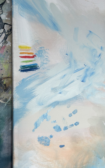 Detail of painting in previous post that shows the left edge of the canvas with short stripes in white, yellow, peach, orange, red, green, and three shades of blue. A few centimeters below is my left hand print in light blue. 