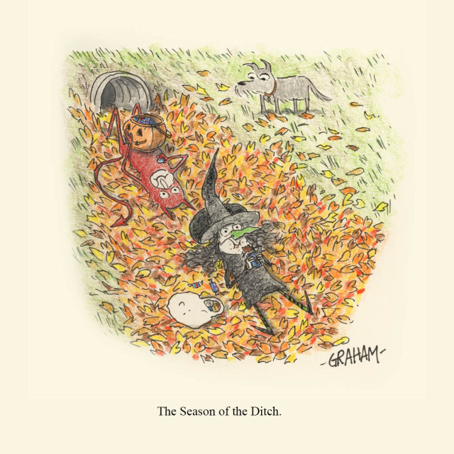 A cartoon illustration of girl dressed as a witch and a boy dressed as devil lying in a ditch of leaves eating candy while a dog watches them. The caption underneath reads "The Season of the Ditch."