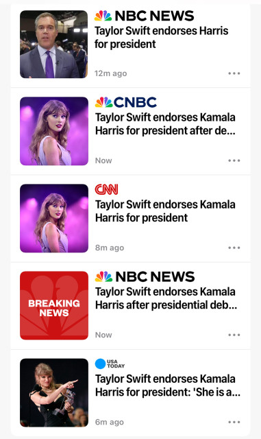 Screenshot of all the Taylor Swift endorsing Kamala Harris news articles