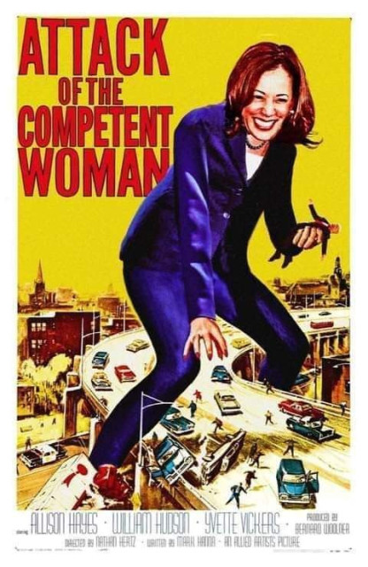 A movie poster titled "Attack of the Competent Woman" featuring a giant woman in a business suit towering over a chaotic city street, with cars and people fleeing.