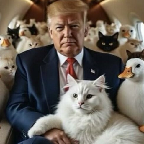 Donald Trump surrounded by cats and ducks