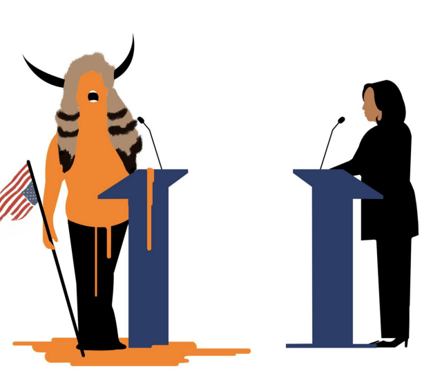 Illustration of two figures at podiums: one in orange with horns, flag, and dripping paint; the other in black silhouette, both in a debate-like setting.