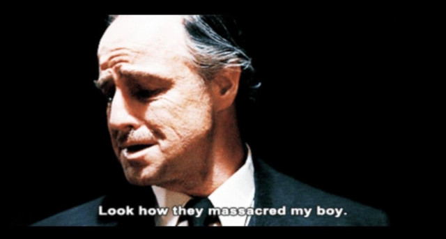 A meme that features a famous scene from The Godfather* where Don Vito Corleone, played by Marlon Brando, sorrowfully says, "Look how they massacred my boy."

In the original context of the film, the line reflects deep grief over the brutal treatment of someone close to him. The image is often used in memes to express disappointment, sadness, or frustration over something that has been ruined or mishandled. It's a way of dramatizing the feeling of watching something beloved being damaged, altered, or changed in a negative way, often for comedic or exaggerated effect. The meme is typically used when reacting to situations where someone feels emotionally attached to something that has been metaphorically "massacred." In this case, the Minecraft Movie.