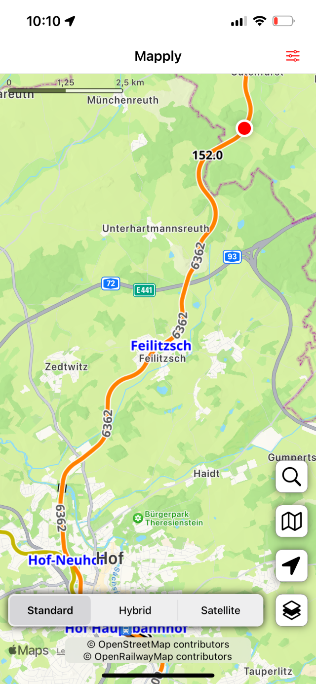 Rail map north of Hof, Bayern. The red dot at the top marks the location of my train 