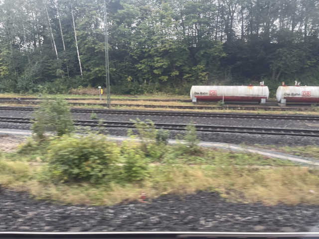 Two railway tracks in front of some diesel tanks. Bushes in front 