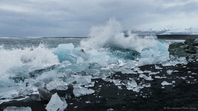 A photo of a beach with waves crashing onto black sand. The sky is overcast and grey, and in the distance is a range of mountains with glaciers dropping between them. A line of black sand in front of them is the opposite side of a river channel, and icebergs can be seen along the strand. On the near shore, large cyan icebergs are being smashed into by heavy waves. White surf is being thrown high into the air by the collision. The nearer black sands are scattered with chunks of ice.