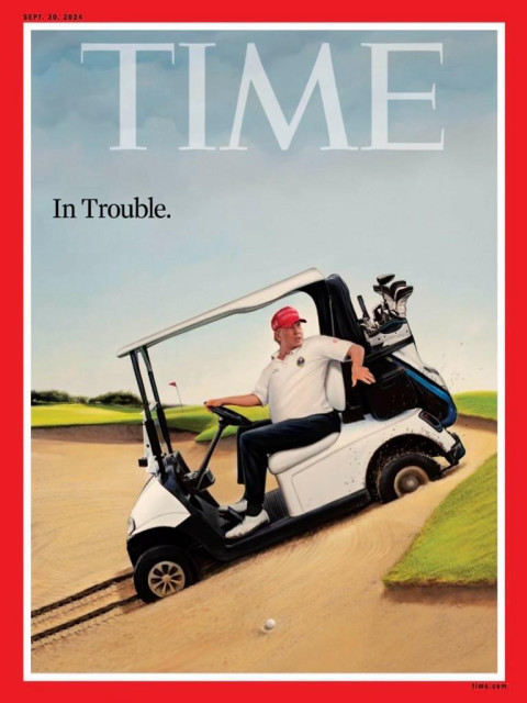 Time magazine cover: Trump in a golf cart, looking backwards, going downhill. Caption: “In trouble”