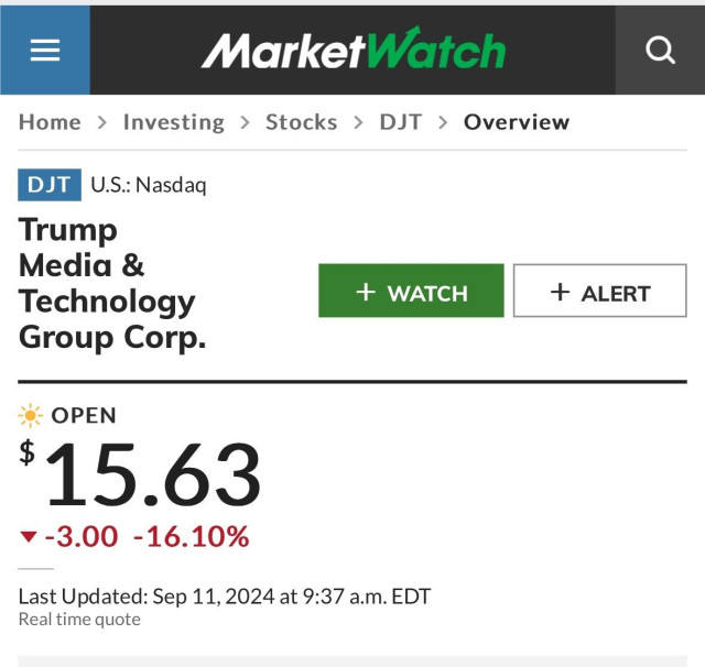 Trump Media stock ticker showing a 16% decline in early trading to $15.63 per share.