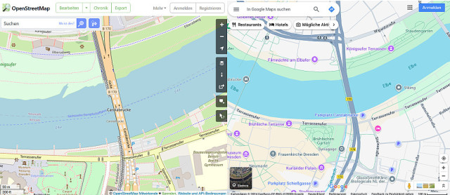 Two screenshots comparing the Elbe crossing in Dresden, where OSM already has been edited, removing the collapsed tram bridge, while Google Maps still shows it