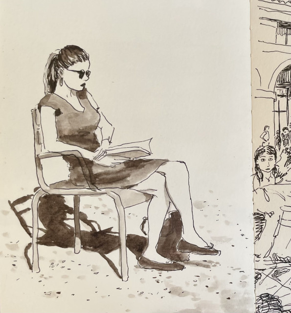 live sketch of a woman reading a book in the park by Jordan Mechner