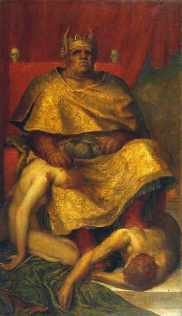 Painting of grotesquely attired Mammon with gold crown (with jackass  ears and gold coins), and gold cape on gold throne adorned with skulls, money bags on his lap, and treading on and holding down helpless persons. 