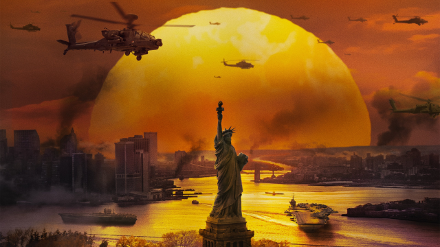 Sunset scene with Statue of Liberty and carriers and warships and Apache helicopters.