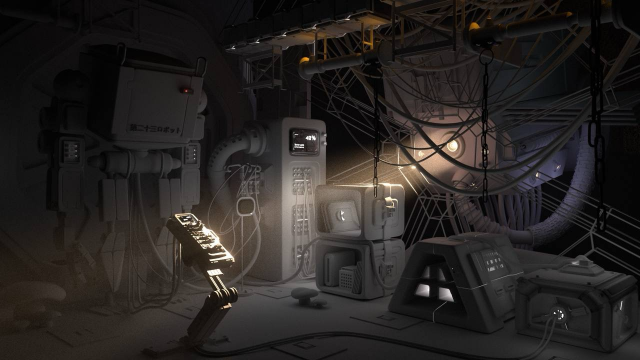 Dark no texture scene in 3D, where giant robot look on a small tech room