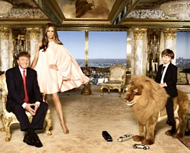 Trump, Melania and the youngest son pose in a luxurious living room. The boy sits on a stuffed lion.