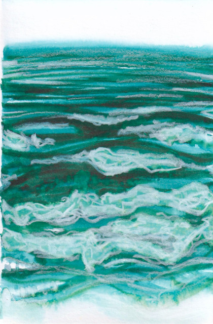 Green ink and white foamy details of a crashing ocean, viewed from straight on. The ink muddles with water and makes many abstract shapes and details.