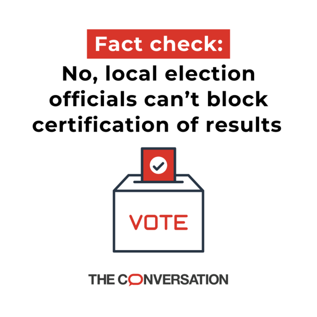 The graphic reads: "Fact check: No, local election officials can't block certification of results". Underneath, we see a drawing of a ballot box that says "Vote".  