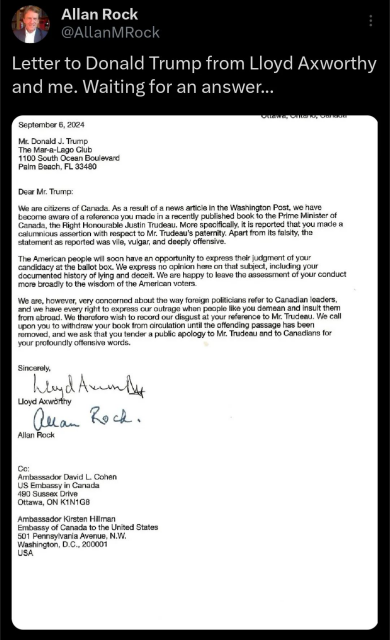 Explosive letter from the Canadian Ambassador to the US to Donald Trump expressing outrage at his comments against Canadian PM Trudeau 