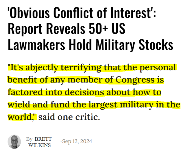 "Obvious conflict of interest": Report Reveals 50+ US Lawmakers Hold Military Stocks
"It's abjectly terrifying that the personal benefit of any member of Congress is factored into decisions about how to wield and fund the largest military in the world," said one critic.