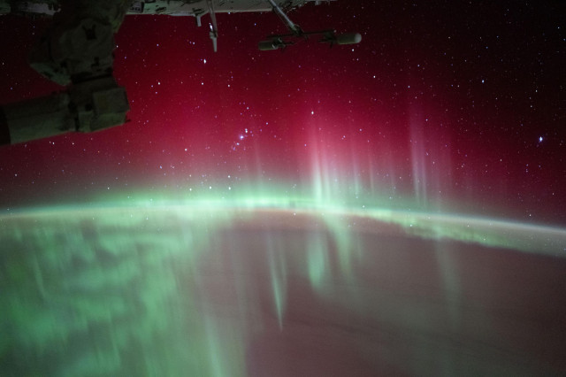 The auroral glow is caused by emission from excited oxygen atoms in the extremely rarefied upper atmosphere still present at the level of the orbiting outpost. Green emission from atomic oxygen dominates this scene at altitudes of 100 to 250 kilometers, while red emission from atomic oxygen can extend as high as 500 kilometers altitude. Beyond the glow of these southern lights, this view from low Earth orbit reveals the starry sky from a southern hemisphere perspective. Stars in Orion's belt and the Orion Nebula are near the Earth's limb just left of center. Sirius, alpha star of Canis Major and brightest star in planet Earth's night is above center along the right edge of the southern orbital skyscape. 
