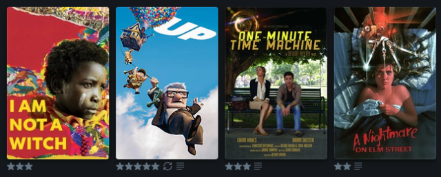 Four movie posters in a row with a rating out of five stars below each. From left to right, hey are: I Am Not a Witch (3 stars); Up (5 stars); One Minute Time Machine (3 stars); A Nightmare on Elm Street (2 stars).