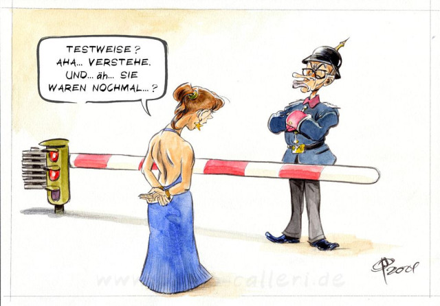 Karikatur. Eine Frau in blauem Kleid steht vor einem Grenzbaum. Auf der anderen Seite steht Friedrich Merz. Er trägt preußische Militärkleidung und eine Pickelhaube. Er hat seine Arme verschränkt. Die Frau spricht: Testweise? Aha... Verstehe. Und... äh... Sie waren nochmal...?