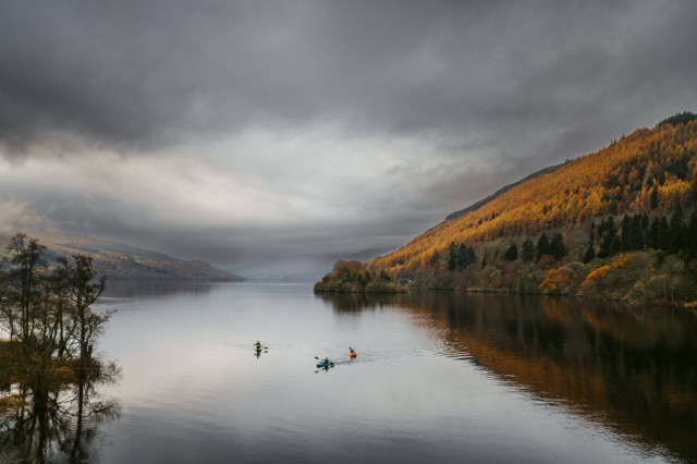 The image shows a tranquil lake framed by autumn-colored forests. The water is still, mirroring the vibrant yellows, oranges, and greens of the trees lining the right side, which stretch up a gently sloping hillside. On the left, a small cluster of bare trees stands on a small peninsula, adding a stark contrast. In the distance, misty mountains blend into the horizon beneath a heavy, overcast sky, casting a soft, muted light across the scene.

Three kayakers are paddling toward the center of the lake, their presence creating gentle ripples in the glassy surface. The vastness of the landscape and the scale of the kayakers emphasize the peacefulness and isolation of the setting. The mood is quiet and introspective, with the moody sky and calm water enhancing the serene, slightly melancholic atmosphere.