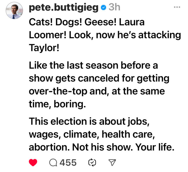 A social media post by a verified user named "pete.buttigieg" about an election being important for issues like jobs, wages, climate, and healthcare, not discussing a show or irrelevant topics.