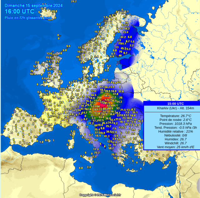 (carte meteociel dimanche 15 septembre 2024 à 17h, cumul de pluies sur 72h en Europe)