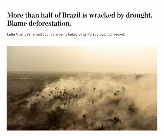 Screenshot of headline from linked article. "More than half of Brazil is wracked by drought. Blame deforestation." Below this is an aerial photo of smoke, flames, and haze from a fire near Manaus, Brazil.