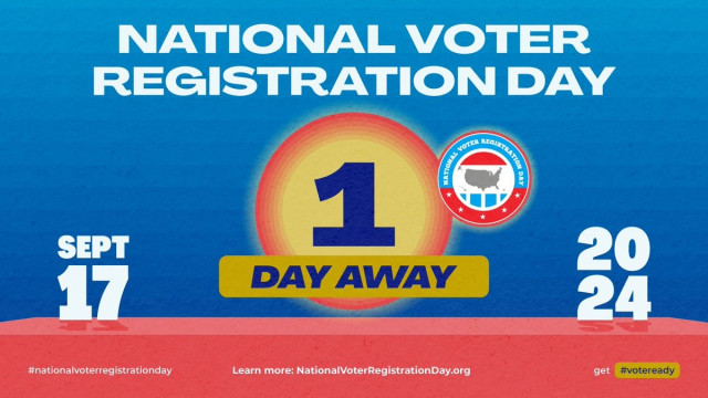 Graphic promoting National Voter Registration Day on September 17, 2024, with text indicating "1 Day Away" and a website link for more information.