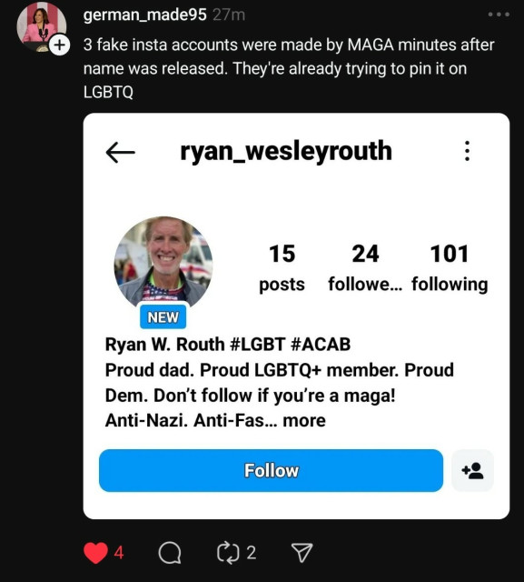 Example of a fake Ryan Routh account, Trump's shooter, claiming he is part of the LGBTQ+ Community, Democrats, Anti-Facist And other stereotypical leftist political perspectives.