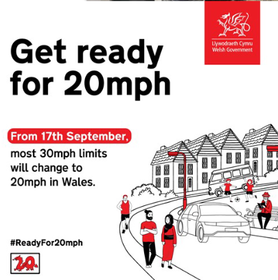 Bild von Kampagne zur Einführung von 20 mph als Regelgeschwindigkeit im Ortsgebiet in Wales am 17. September 2023