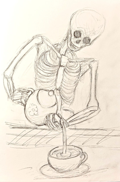 Pencil sketch of an ideal skeleton servant pouring some tea into a cup.