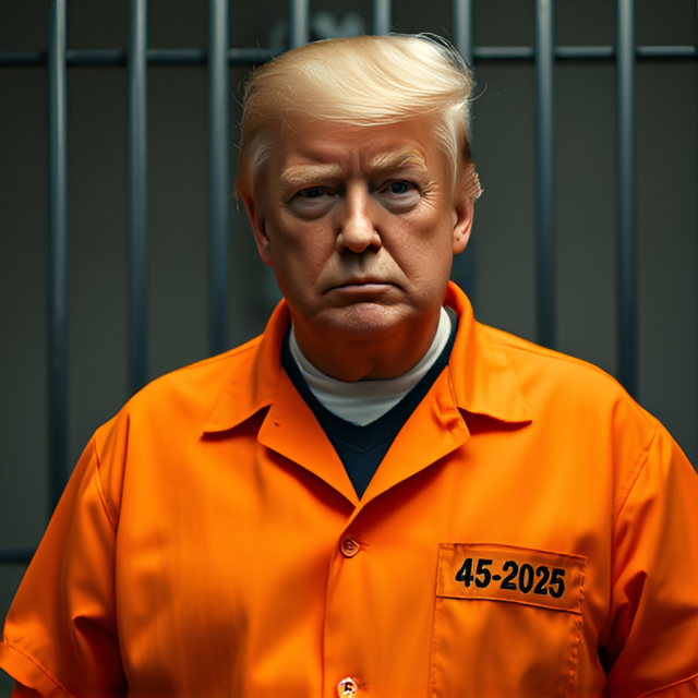 Donald Trump in prison wearing an orange jumpsuit and 45-2025 on his left chest pocket